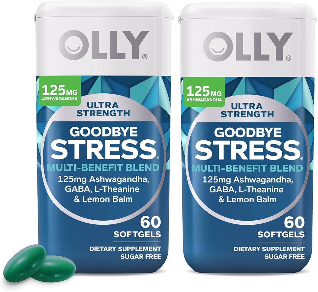 OLLY Ultra Tugevus Hüvasti Stress Softgels Twin Pack, GABA, Ashwagandha, L-Theanine ja sidrun Balm, Stress Relief Supplement - 120 Count