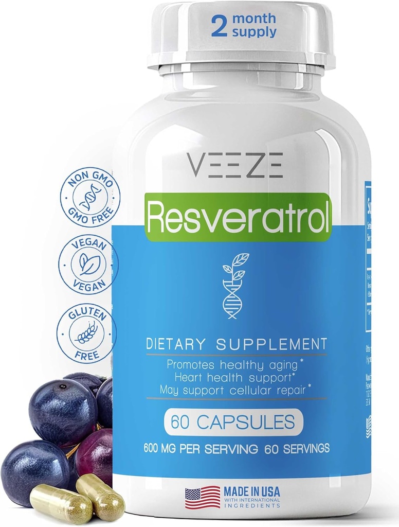 VEEZE Resveratrooli lisa 600mg 60 kapslit ja 60 serveerimist - valmistatud USAs Looduslik ja Orgaaniline Resveratrool - rikas antioksüdantide ja Trans Resveratrool heaolu toetamiseks - Premium Orgaaniline Resveratrool