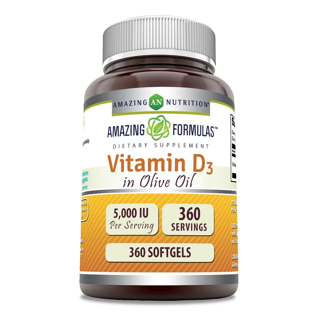 Amazing valemid D3-vitamiini oliiviõli 5000 IU täiendus | Softgels | Non-GMO | Gluteenivaba | Valmistatud USAs (1 Pack | 360 Count)