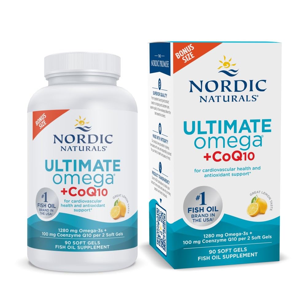 Nordic Naturals Ultimate Omega + CoQ10, Sidrun - 90 Soft Gels - 1280 mg Omega-3 + 100 mg CoQ10 - Heart Health, Cellular Energy, Antioxidant Support - Non-GMO - 45 Servings