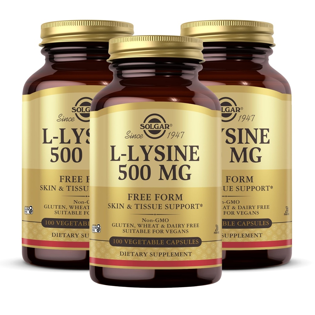 Solgar L-Lysine 500 mg - 100 köögiviljakapslit, pakendis 3 - Naha ja kudede tugi - Mitte-GMO, Vegan, Kosher, Gluteenivaba - 300 kokku