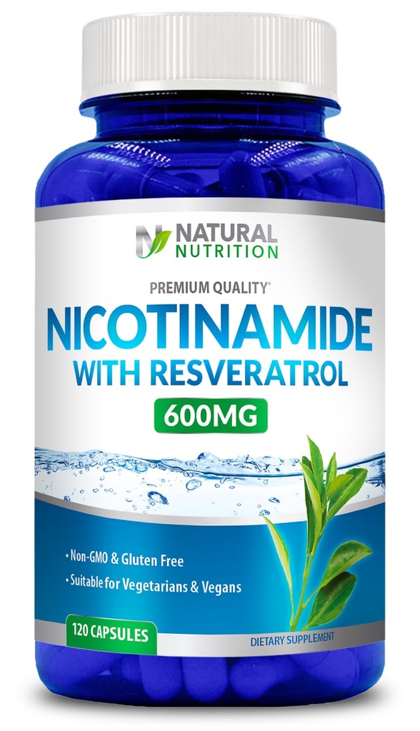 Üldine looduslik vitamiin nikotiinamiid koos Resveratrooliga 600mg (vitamiin B-3) 120 köögiviljakapslid Gluteenivabad ja mitte-GMO