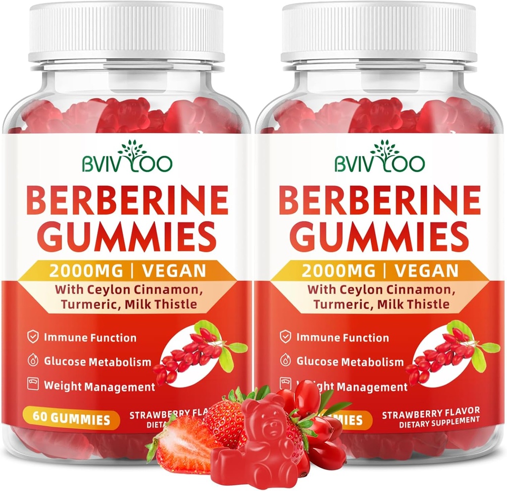 2 Pakendid Berberine Gummies, Suhkruvaba 2000mg kõrge potentsi Berberine HCI täiendus, Plus Ceylon Cinnamon, piimaohakas naistele ja meestele, immuunsüsteemi ja ainevahetuse tugi - 120 Gummies