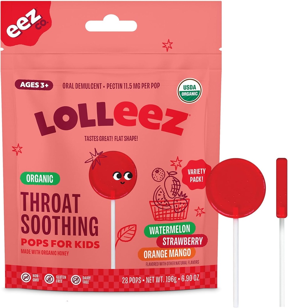 Lolleez Organic Lollipops for Kids Sore Throat Relief, Variety Pack Perfect for Soothing A Sore Throat While Tasting Great, Strawberry, Watermelon & Orange Mango, 28 Count
