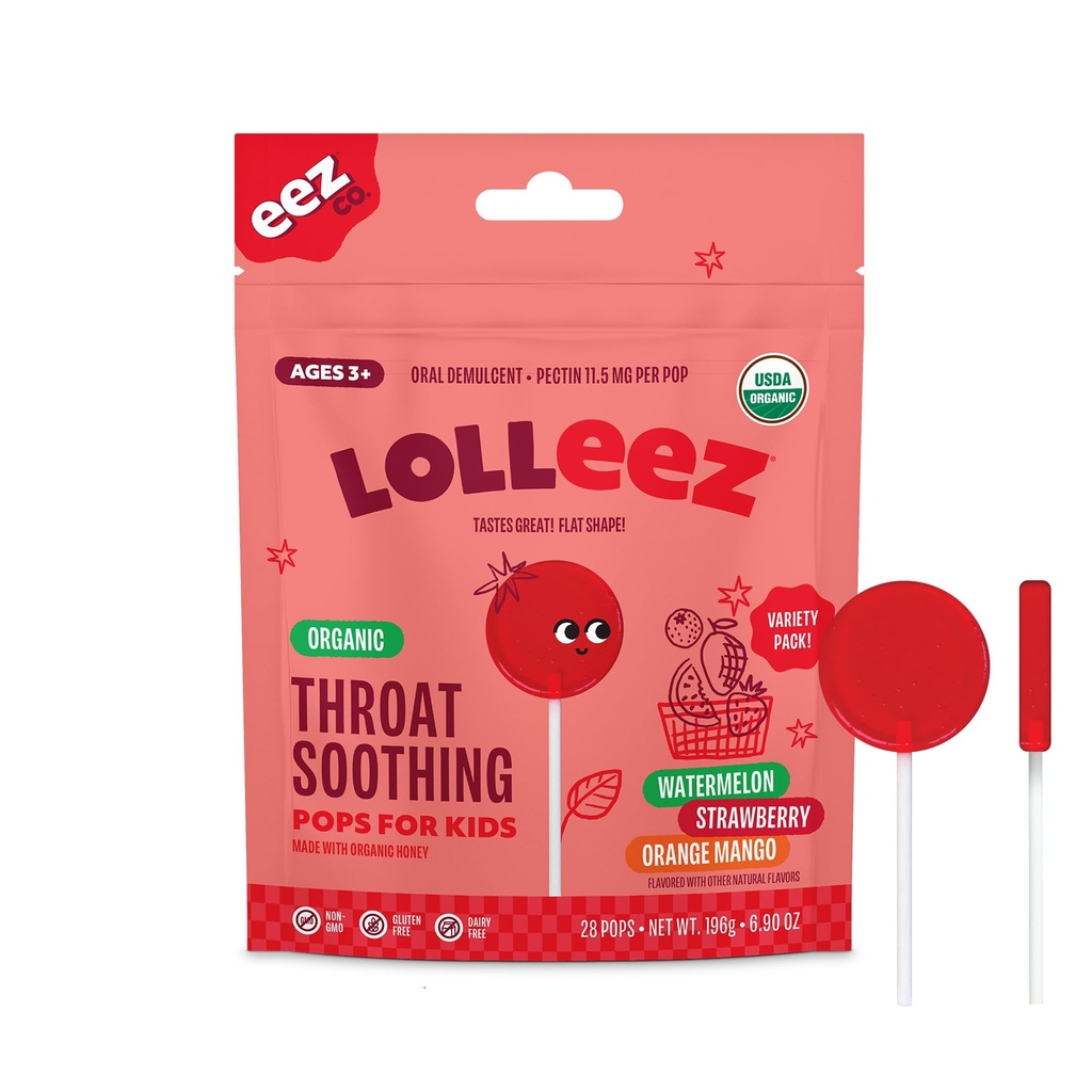 Lolleez Organic Lollipops lastele Hare Kurk Relief, Variety Pack Ideaalne rahustav valulik kurk samas maitsevad suur, maasikas, arbuusi ja apelsini Mango, 28 Count