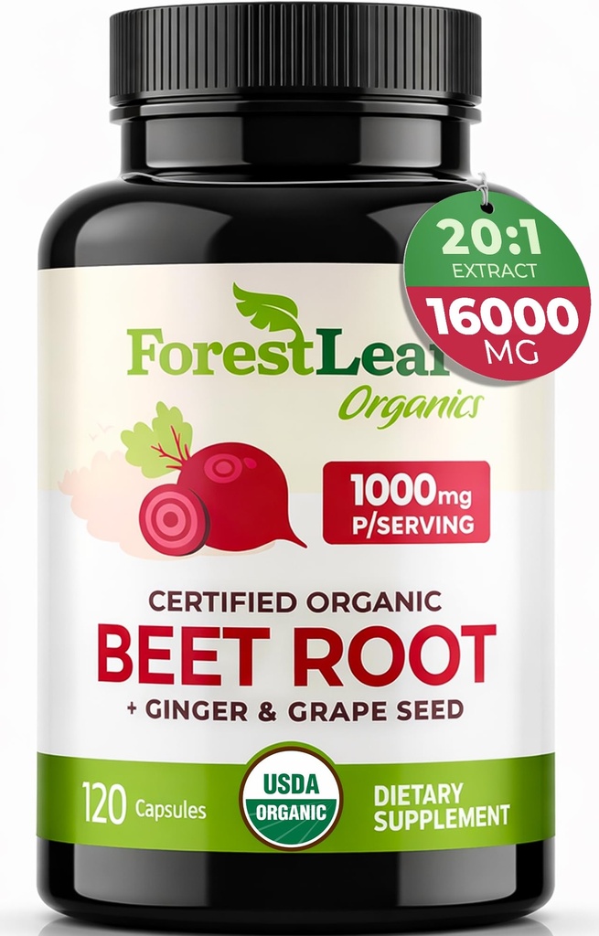 ForestLeaf Organic Beet Juurkapslid - Beetroot Supplement 16000mg Tugevus 20: 1 Ekstrakt Pills w / ingveri Viinamarjaseemne | Toetada vererõhku, lämmastikoksiidi, voolu, ringlust | Beet Powder - 120 Caps