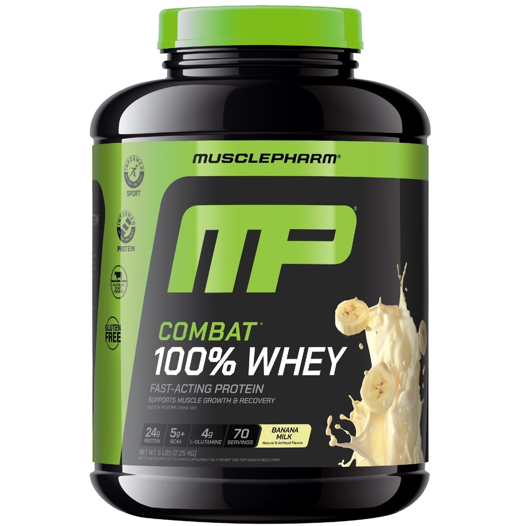 MusclePharm Võitle 100% vadakuvalgu pulbriga, banaanipiima maitsega, kiire taastumisega ja lihaskasvuga vadakuvalgu isolaadiga, kõrge valgusisaldusega pulber naistele ja meestele, gluteenivaba, 5 naela, 70 serveerimist