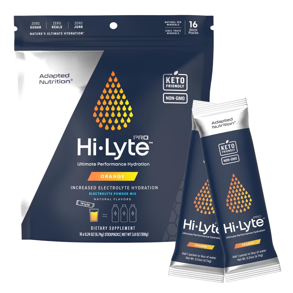 Kohandatud toitumine Hi-Lyte Prohüdratsiooni paketid - 16 individuaalset joogipaketti | Oranž | Maitsestatud elektrolüütpulber | Suhkruvaba, nullsüsinik, nullkalor