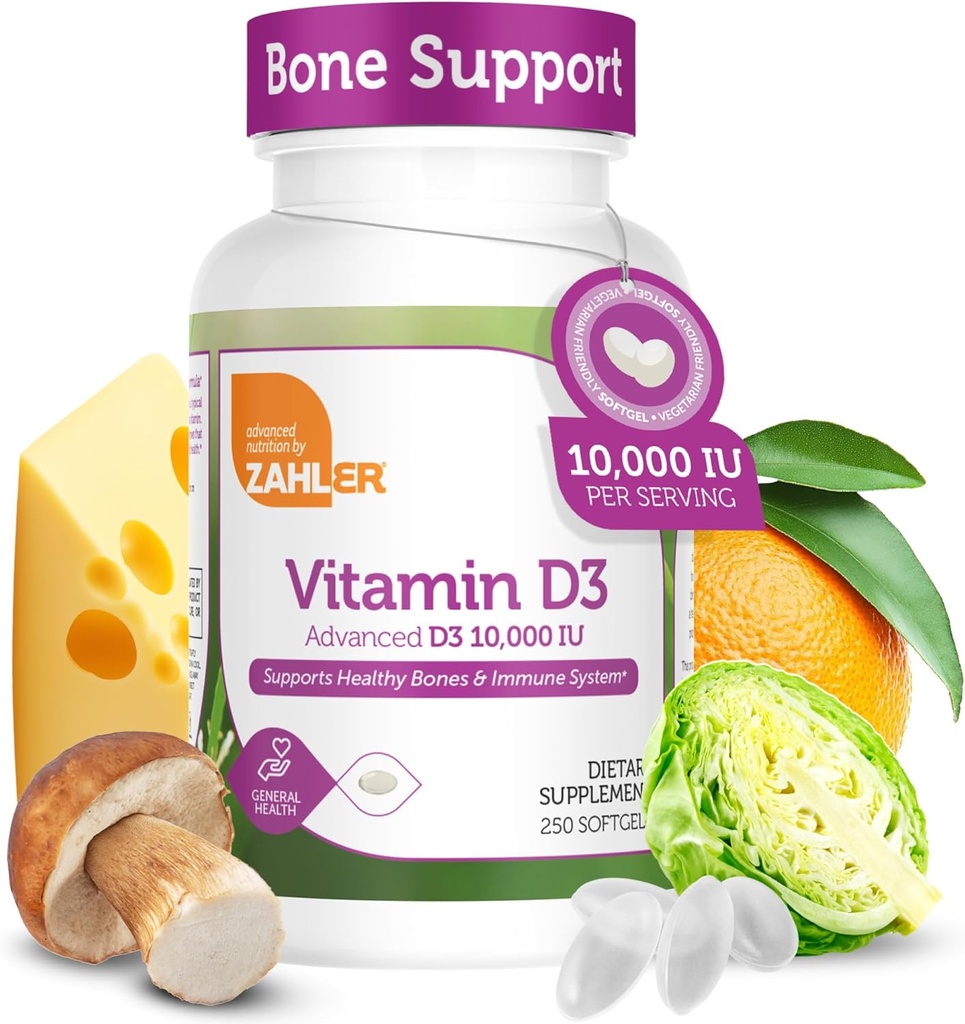 Zahler - Advanced Vitamiin D3 10 000 IU Softgels (250 Count) Kosher Vegetarian Sõbralik D-vitamiin Immuunsüsteemi toetamiseks, luud, hambad ja lihased Tervis - Lihtne neelata VIT D 3