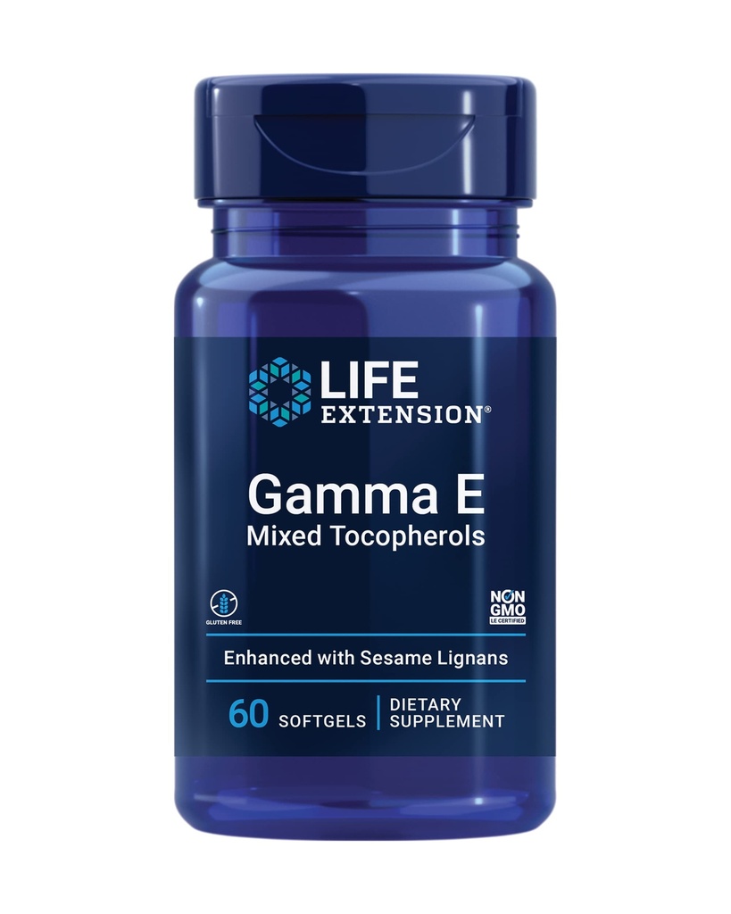 Elu pikendamine Gamma E segatud tokoferoolid, tervislik vananemine, E-vitamiini lisand, täiustatud seesami lignaanidega, Gluteenivaba, mitte-GMO, 60 pehmegeeli