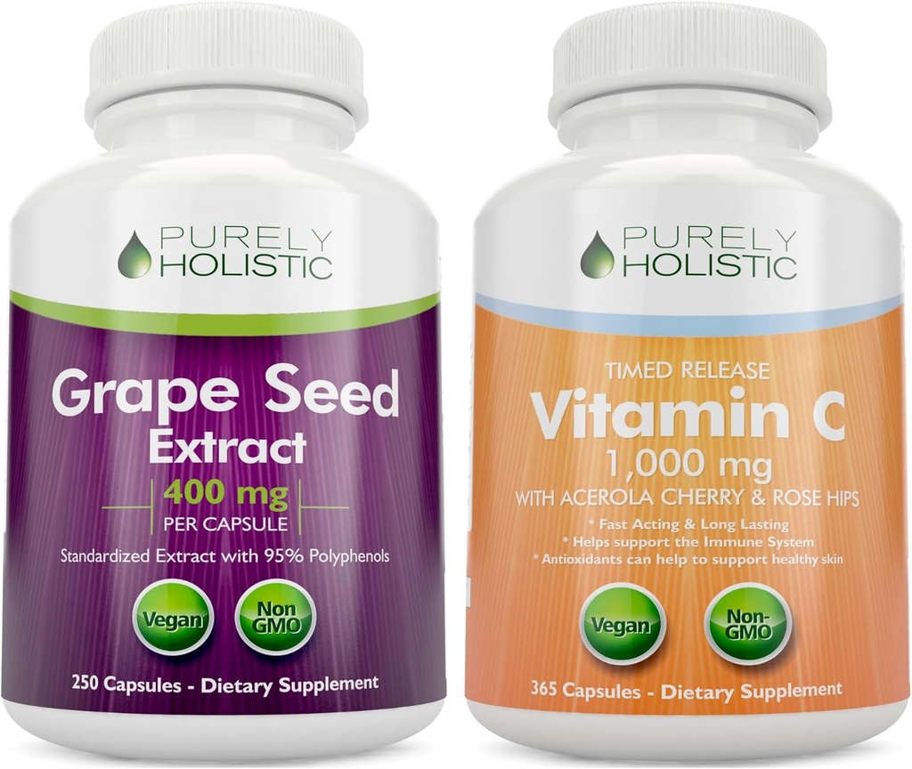 Puhtalt holistiline viinamarjaseemne ekstrakt 400mg + vitamiin C 1000mg aja vabastamist Bundle - 615 Vegan kapslid - valmistatud USAs