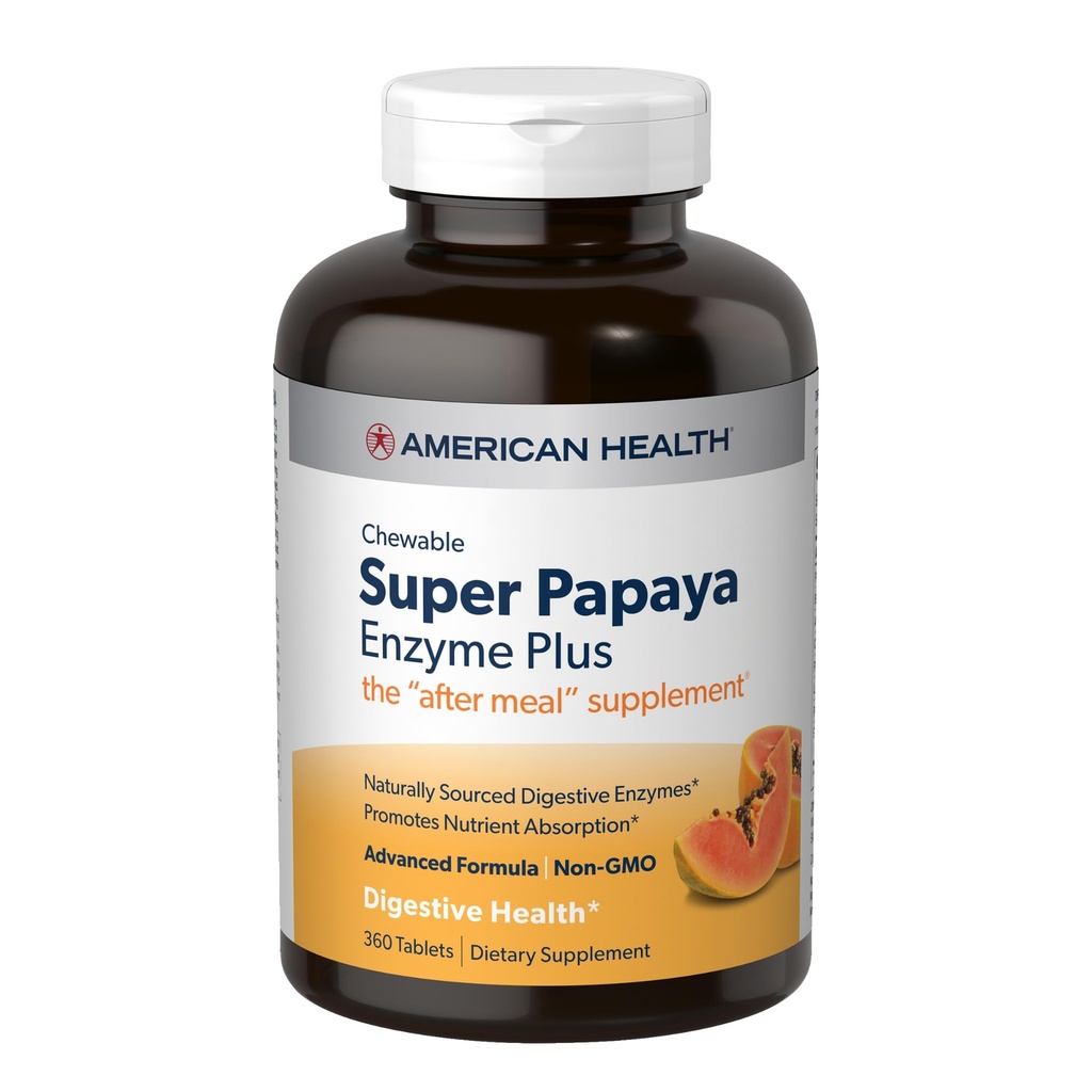 American Health Super Papaya Enzyme Plus - 360 närimistabletti - pärast sööki täiendus - mitte-GMO - 120 serveerimist