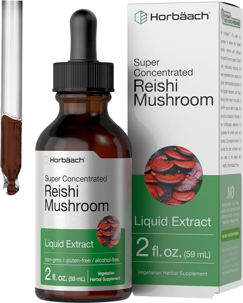 Horbäach Reishi Mushroom Extract Tincture | 2 Fl Oz | Liquid Drops | Ganoderma Lucidum | Vegetarian, Alcohol Free | Non-GMO, Gluten Free Supplement
