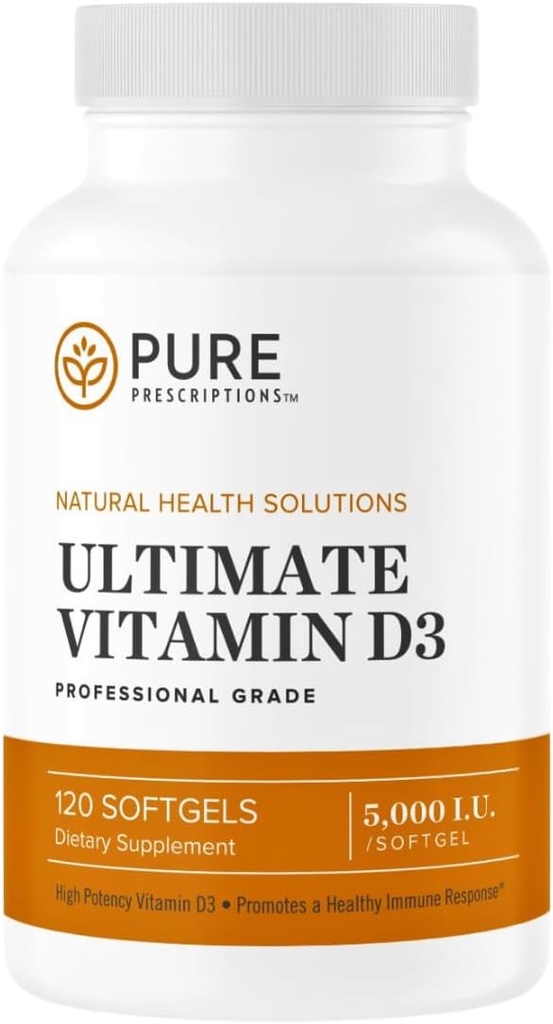 Puhtad retseptid Ultimate Vitamiin D3-5000 RÜ - kõrge imendumisega D-vitamiini täiendus tervisliku luude edendamiseks immuunsüsteemi ja südame-veresoonkonna toega - 120 Softgels - USA Made