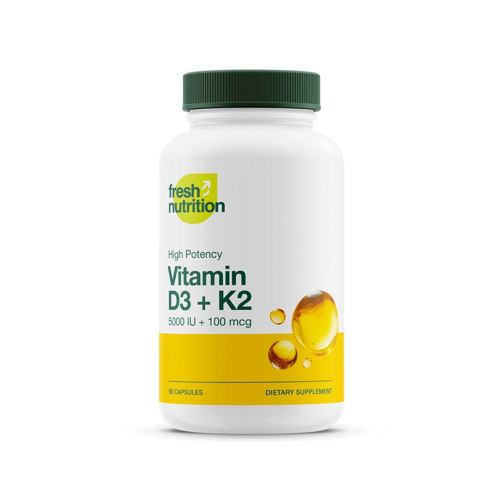 Värske toitumine Vegan Vitamiin D3 + K2 Kapslid - 5000 IU D3 + 100mcg K2 MK-7 optimaalseks imendumiseks - Immuunsus Tervis, Luude Tervis, Mood - Mitte GMO - 90 kapslit, 3 kuu pakkumine