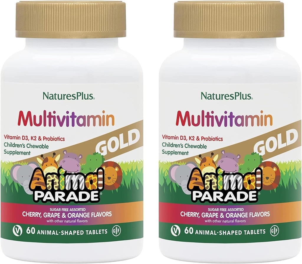 NaturesPlus Animal Parade Gold Laste multivitamiinid - sorteeritud kirss, apelsin ja viinamarjamaitsed - 60 närimistabletti, pakend 2 - taimetoitlane, gluteenivaba - 60 kokku serveerimist