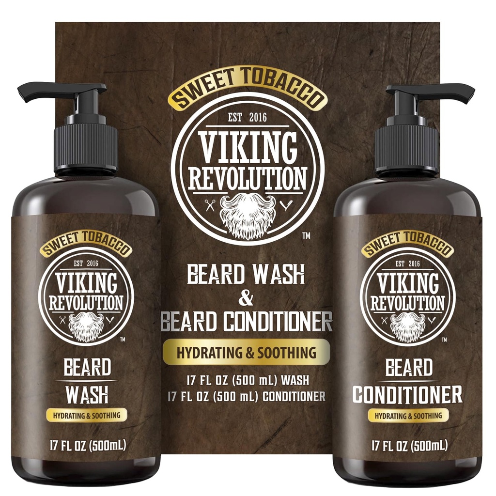 Viking Revolution Beard Wash and Bear Conditioner for Men with Argan Oil and Jojoba Oil - Beard Softener and Stronger Bear Care Beard Shampoo and Conditioner with Bear Oil (17oz, Sweet Tobacco)