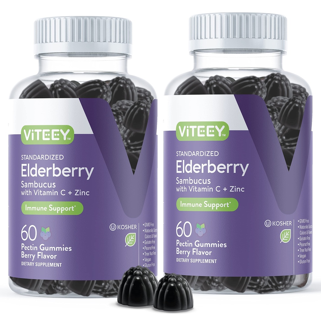 Viteey Sambucus Elderberry Gummies täiskasvanutele - Elderberry C-vitamiin ja tsink Immunity Gummies - Vegan, Gluteenivaba - 120 krahv