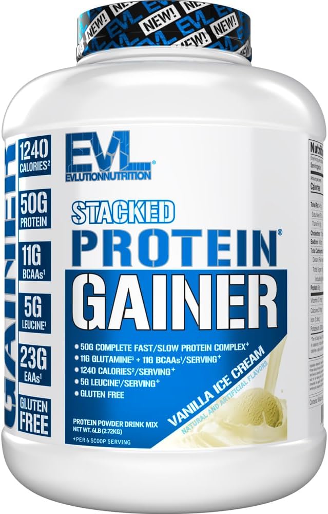 Evlution Nutrition Stacked Protein Gainer, 50 Grams Whey Protein Powder Complex, 251 Grams Süsivesikud, Ehita lihased, taastamine, Post Treening, Gluteenivaba (Vanilla Jäätis, 6 LB)