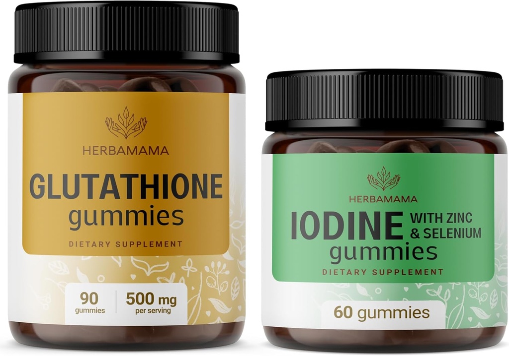 HERBAMAMA Glutatioon ja joodikomplekt - 500 mg redutseeritud L-glükotiooni ja kaaliumjoodi komplektid - vegan, mitte-GMO, želatiinivaba - 2 pakendit