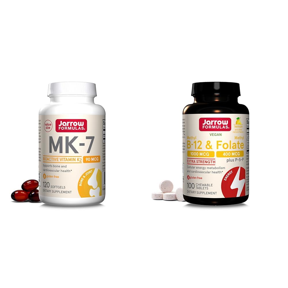 Jarrow valemid MK7, Soodustab Luude Tervist, 90 mcg, 120 Softgels & Extra Tugevus Metüül B-12 1000 mcg & Methyl Folate 400 mcg + P-5-P, Dietary
