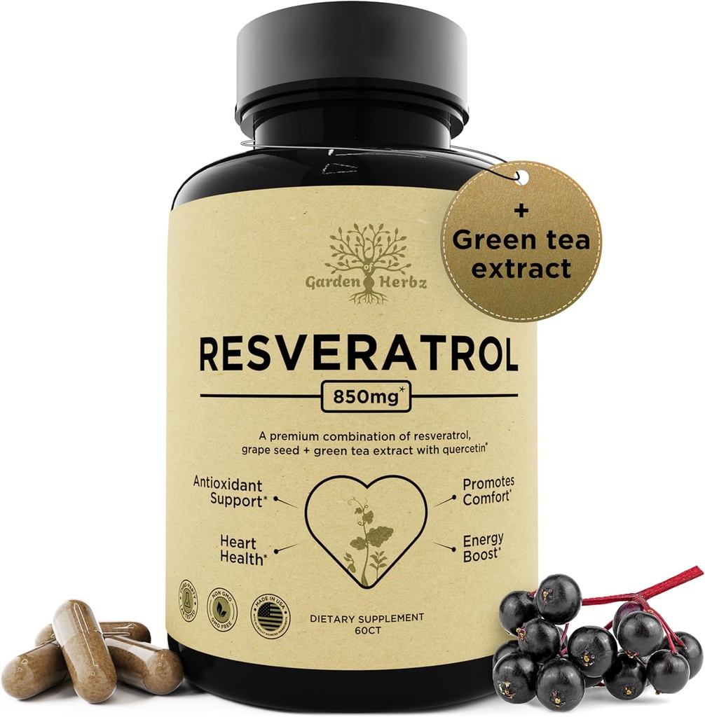 Resveratrooli lisand Quercetin & Viinamarjaseemnega - 850mg taimset segu, kõrge potentsiga polüfenoolid ja antioksüdandid üldiseks heaoluks, 60 vegankapslit