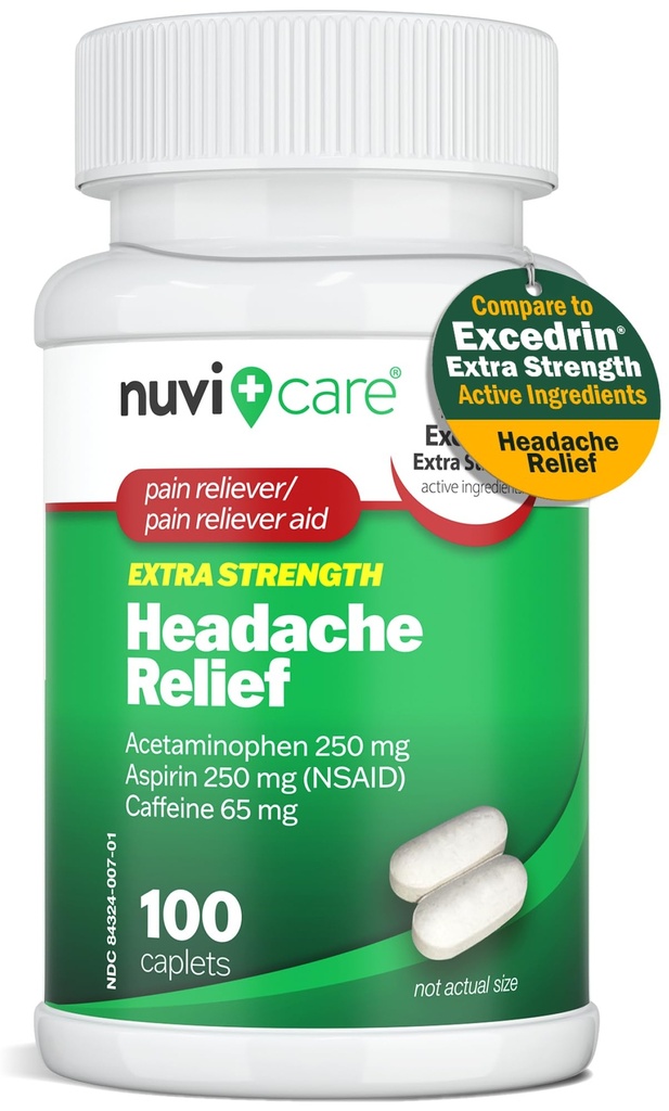 Peavalu leevendamine atsetaminofeeniga 250 mg, aspiriiniga (NSAID) 250 mg, kofeiiniga 65 mg - väikeste valude ajutine leevendamine - võrreldes Excedreni ekstra tugevusega valu leevendajaga (100 kapslit)
