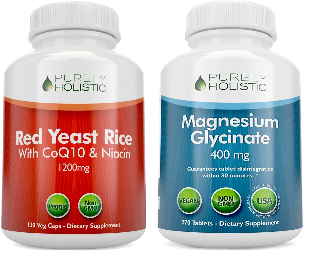 Puhtalt holistiline punane pärmseente riis 1200mg CoQ10 & niatsiin + magneesiumglütsinaat 400mg - 120 kapslit + 270 tabletti - valmistatud USA-s