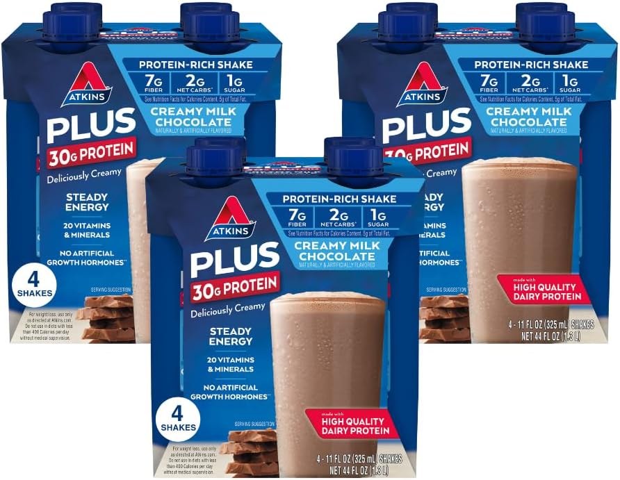 Atkins Creamy Milk Chocolate PLUS Protein Shake, 30 g valku, 7 g kiudaineid, 2 g Net Carb, 1 g suhkur, Keto Sõbralik, Madala carb, kõrge valgusisaldusega jook, 12 Count