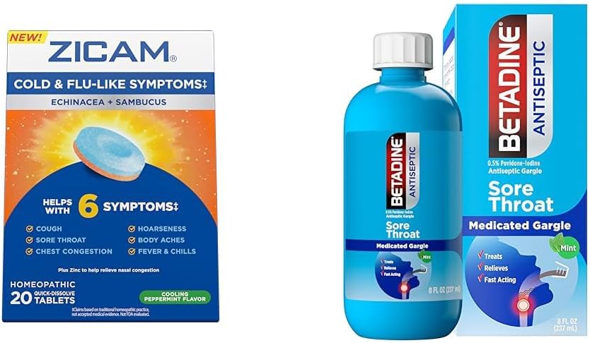 Zicam Cold Sümptomite leevendamine betadiini valuliku kurgu gargle, Echinacea & Sambucus homöopaatiliste tablettidega, 20 Count & 8 FL OZ