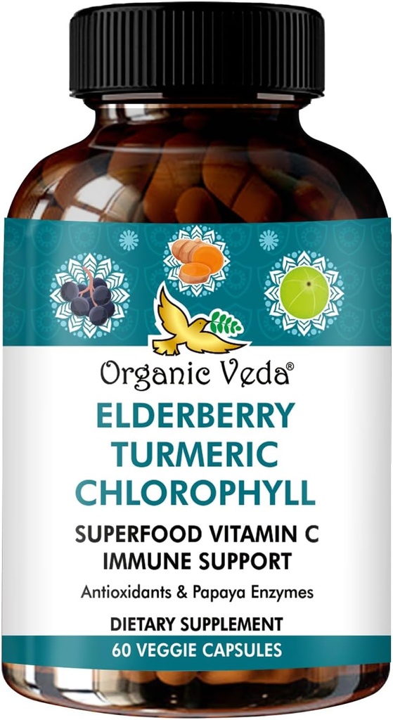 Orgaaniline Veda Elderberry Turmeric Chlorophyll Immune Support Supplement - Superfoods Antioksüdandid, Roheline C-vitamiin, Viinamarjaseemne ekstrakt, Acerola, Moringa & Papaya Ensüümid - 60 Vegan Kapsleid