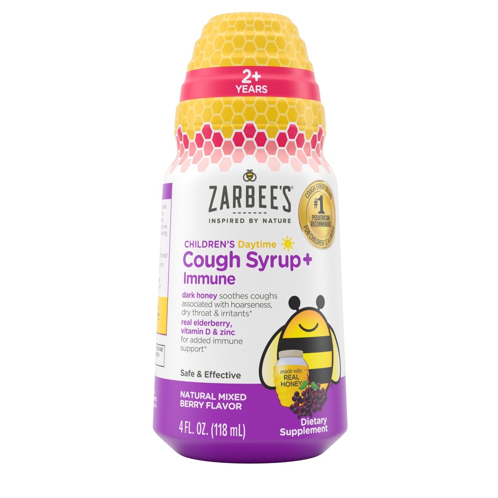 Zarbee's Children's Daytime Honey Cough Syrup + Immuun lastele 2+, Cough Syrup rahustav Dark Honey, Real Elderberry, D-vitamiin ja tsink, Drug & Alcohol-free, Mixed Berry, 4 fl. oz