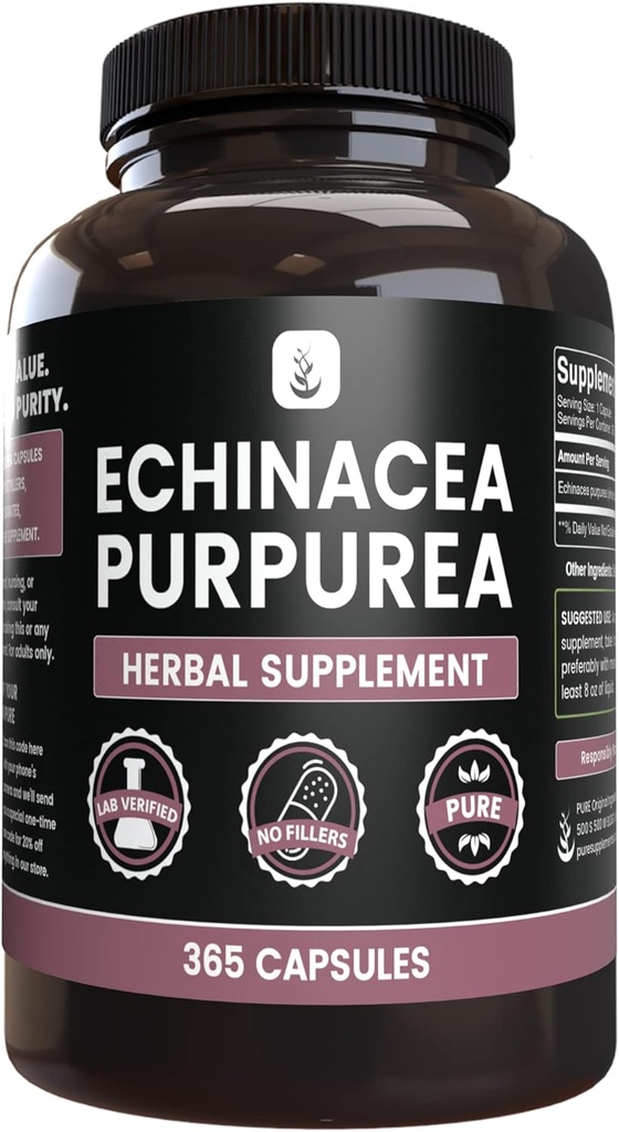 Puhtad ORIGINAALSED KOOSTISOSAD Echinacea Purpurea (365 kapslit) Ei magneesiumi ega riisi täiteaineid, alati puhas, laboris kontrollitud