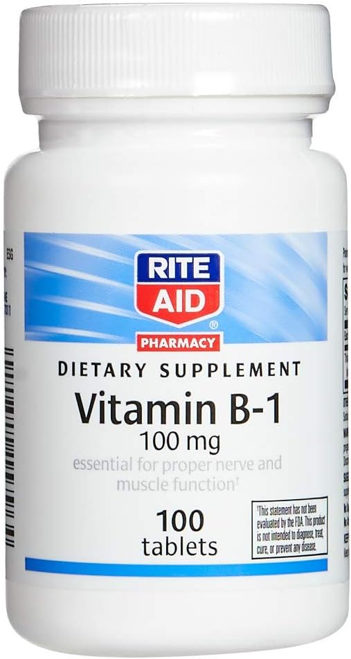 Rite Aid Vitamiin B-1 (tiamiin), 100 mg - 100 tabletti | Närvi ja lihasfunktsiooni jaoks hädavajalik | Närvi ja lihaste toetamine | Vitamiin B1 | B1 Vitamiin | Tiamiin B1 täiendus | Tiamiin B1
