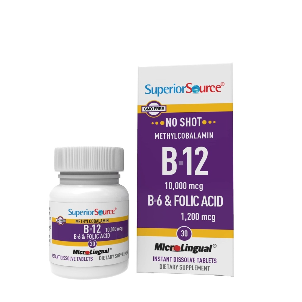 Superior Allikas No Shot Vitamiin B-12 Metüülkobalamiin 10000 mcg, B-6 & Foolhape 1200 mcg - toetab aju ja südame tervist - Aids Natural Energy Levels - 30 Sublingvaalne lahustuv tabletid