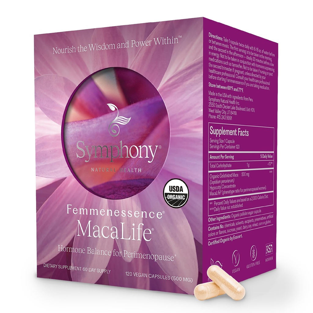 Femmenessence® MacaLife® - kliiniliselt tõestatud perimenopausaalne toidulisand loodusliku hormooni tasakaalu, sümptomite leevendamiseks, südame ja meeleolu toetamiseks ilma lisatud hormoonideta (120 kapslit, 60 päeva pakkumine)