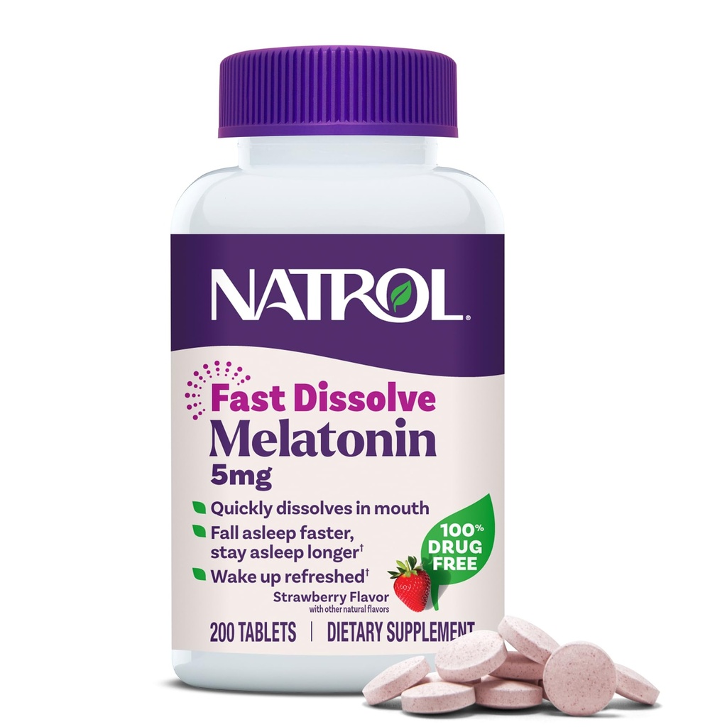 Natrol Melatoniin 5mg Kiire lahustuv tabletid, unetoetus toidulisandid täiskasvanutele, maasikamaitse, 200 tabletti, kuni 200 päeva pakkumine