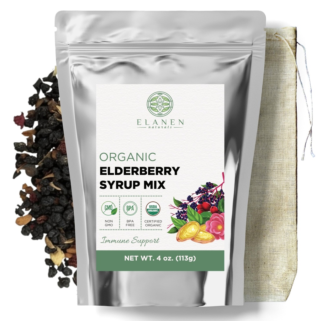 Elanen Naturals Orgaaniline Elderberry Syrup Kit, moodustab kuni 24 oz, sisaldab looduslikku puuvillast pruulikotti, USDA sertifitseeritud orgaanilisi kuivatatud mustikaid ja immuunsust toetavaid maitsetaimi, Bulk Kit, 4 oz. (113 g)