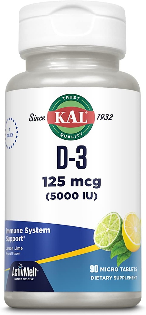 KAL Vitamiin D-3 5000 RÜ ActivMelt , kohene lahustamine , looduslik sidrunlubja maitse , tervislik immuunfunktsioon ja luu tugi , 90 serveerimist , 90 mikrotabletti