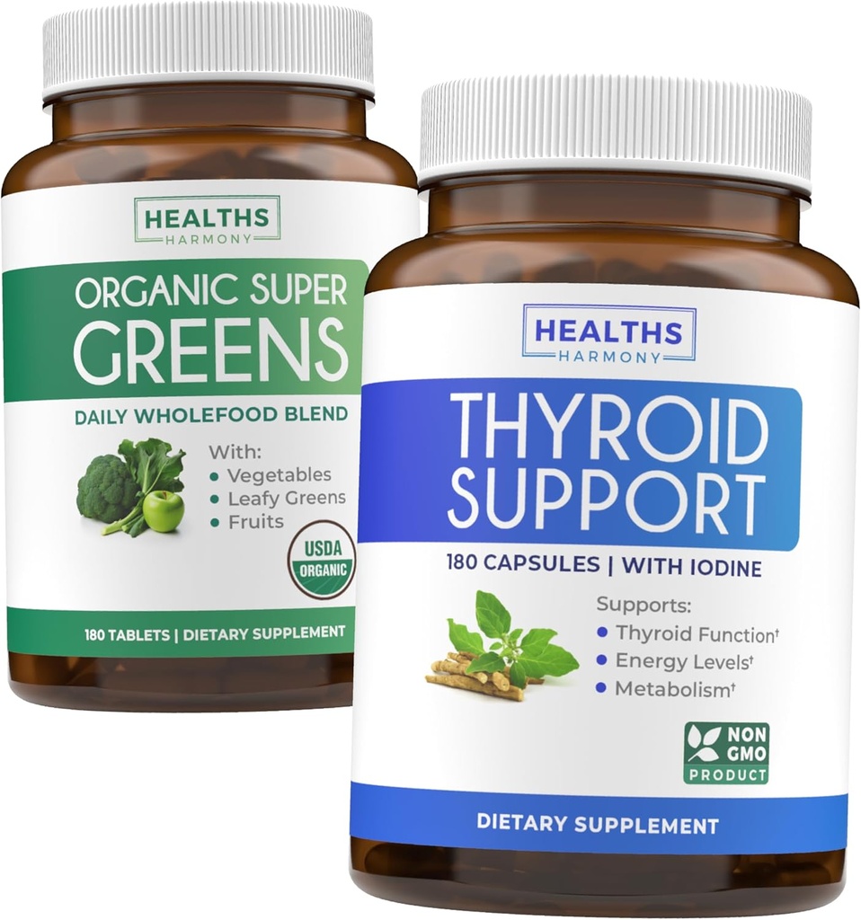 Super Greens & Thyroid Support (3-kuuline pakkumine) Kilpnäärme Vitality Bundle of Organic Super Greens Pulber - Täielik Superfood (180 kapslit) & Kilpnäärme tugi meestele ja naistele (mitte-GMO) (180 kapslit)