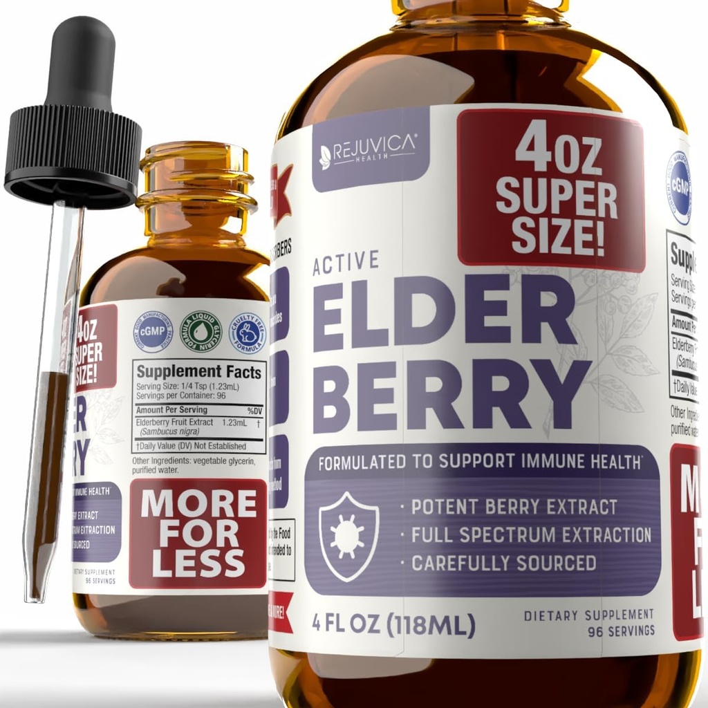 Rejuvica Health Active Elderberry 4oz XL Super Size - Advanced Elderberry Liquid Extract - Immune Support Drops - Vegan Sugar Free Non GMO Tinktuur
