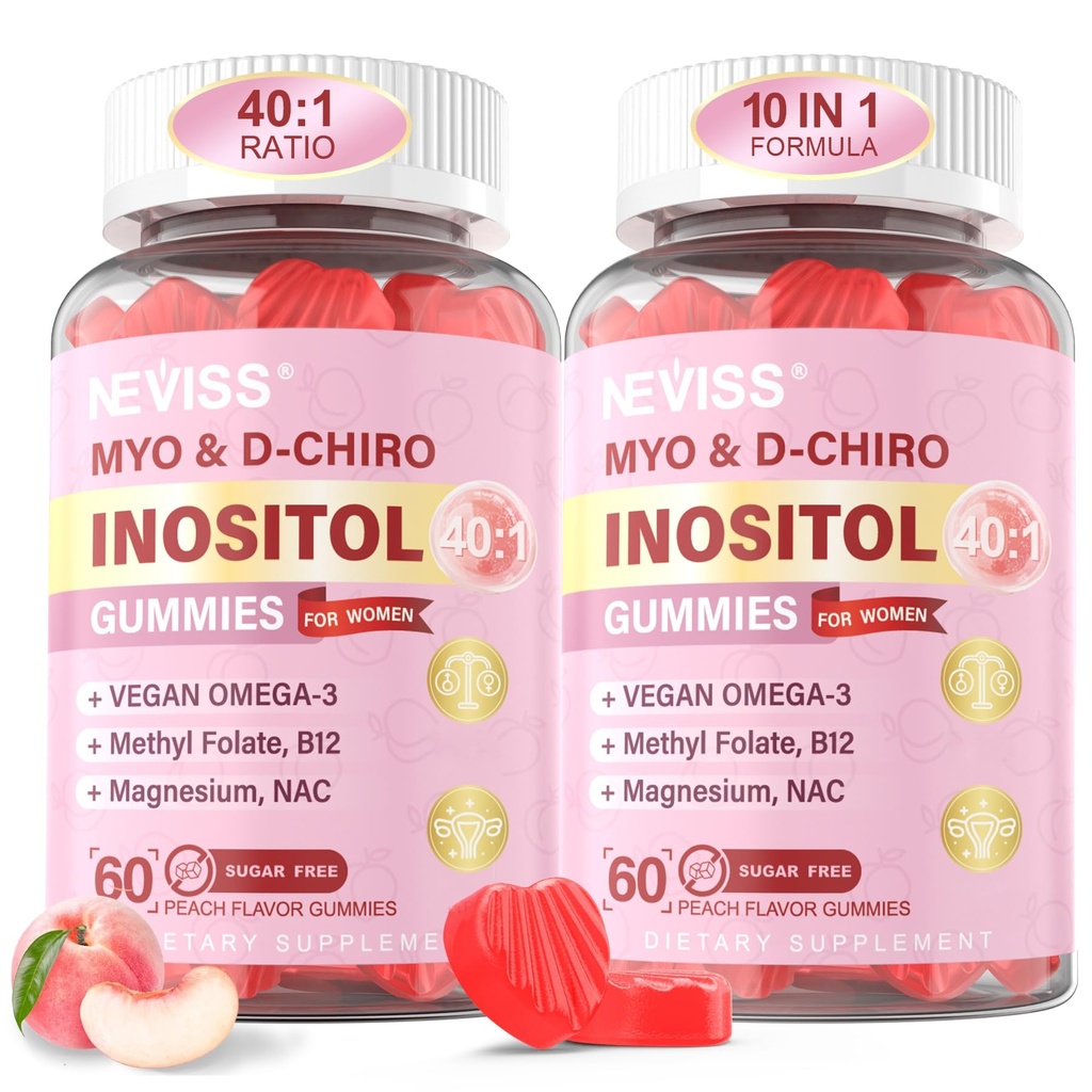 Myo-Inositool & D-Chiro Inositool Gummies naistele 2000mg + 50mg, 40: 1 suhe inositool Vegan Omega-3 + D3, magneesiumglütsinaat, metüülfolaat + B12 naiste tervise ja heaolu, suhkruvaba, 120 Ct