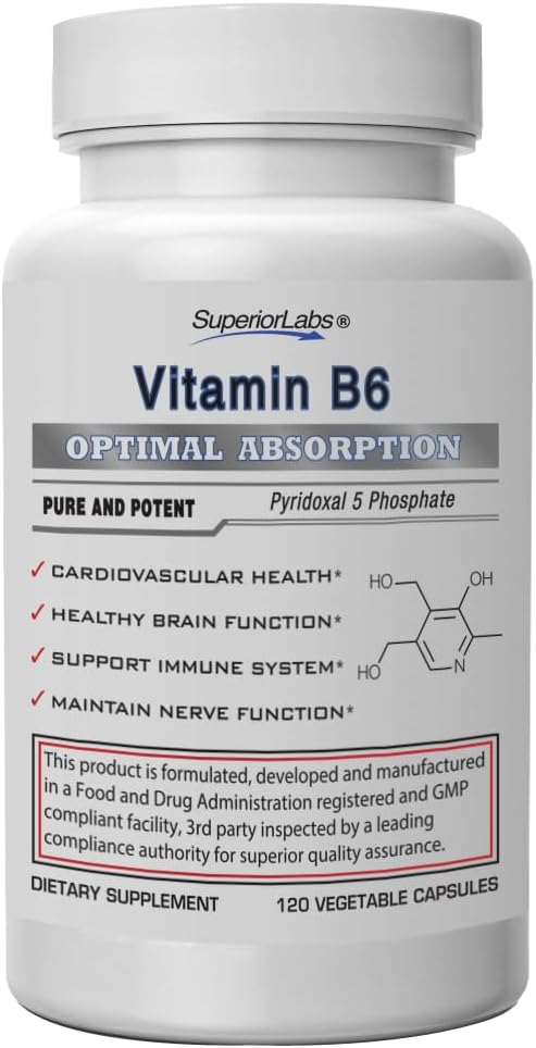 Superior Labs Vitamiin B6 50mg, puhas mitte-GMO täiendus, kõrge imendumine, toetab immuunsüsteemi ja närvisüsteemi, aju funktsiooni, ainevahetust ja südame tervist, oluline hemoglobiini tootmiseks, 120 Veg Caps