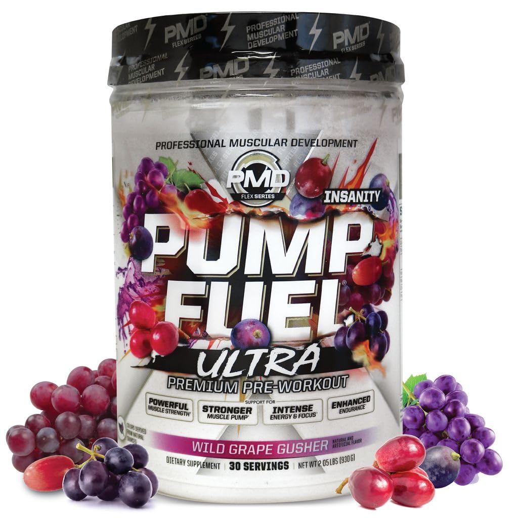 PMD Sport Pump Fuel Ultra Insanity - Premium Pre Workout Powder & Lihaspump, Greater Focus, Kestvus & Taastamine, Premium Kreatiin, Arginine & Beeta Alanine - Wild Grape Gusher (30 Servings)