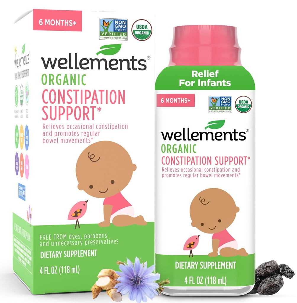 Wellements Organic Constipation Support 6 kuu + Imikud ja väikelapsed (4 Fl Oz) | USDA Certified & õrn kõhukinnisus Relief * Imikutele, kellel ei ole karmid lahtistid koos Dispenser
