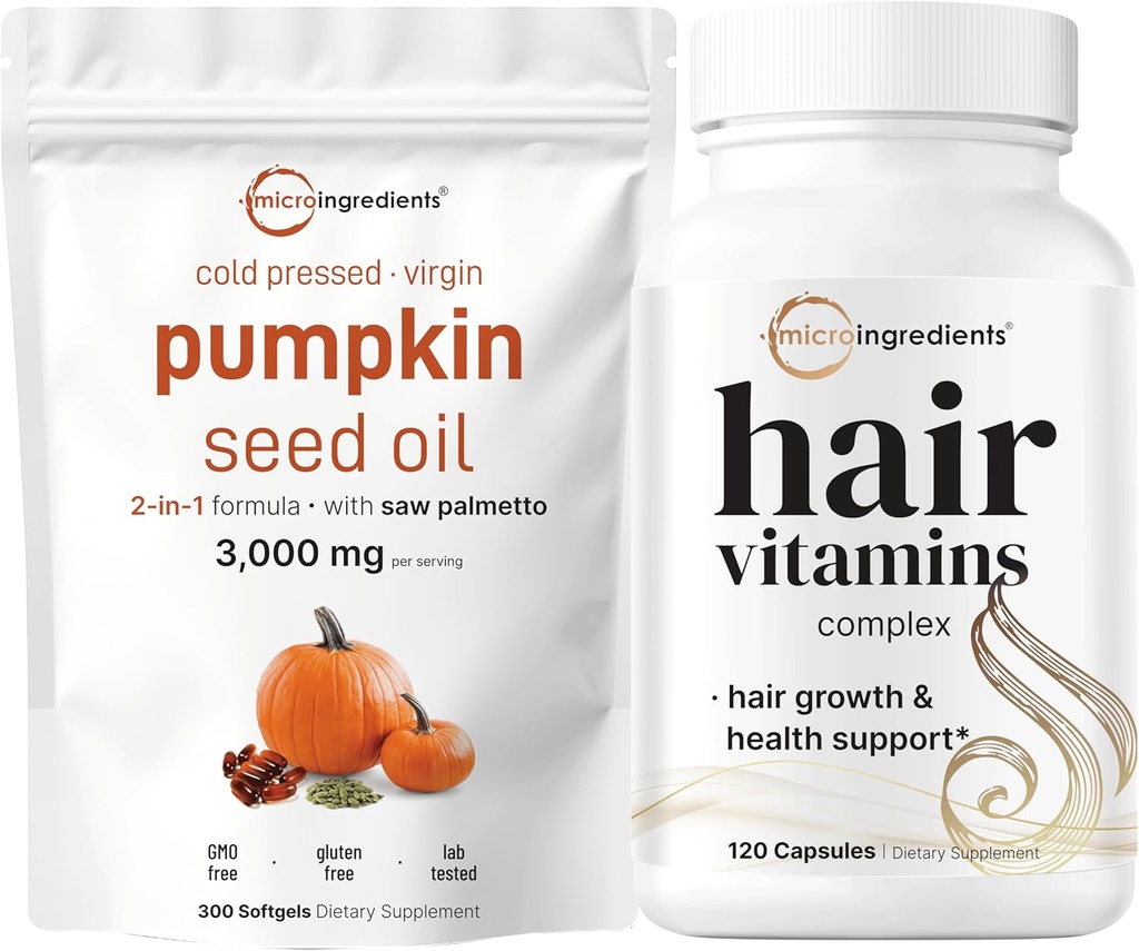 Mikrokoostisosad Kõrvitsaseemneõli Saw Palmetto 3,000mg Softgels & Hair Vitamiinid Komplekskapslid | 2 Pack Bundle | Külmpressitud neitsiõli | 14-in-1 juuste kasvu toetamine kollageeni ja biotiiniga