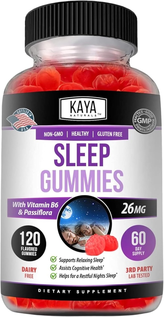 Kaya Naturals Sleep Gummies (26mg) - Tervislik täiendus ja uneabi täiskasvanutele - Vitamiin B6 ja melatoniini kummikud - Kummi vitamiinid naistele ja meestele - 120 Count