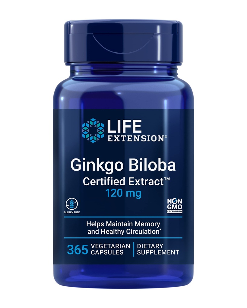 Life Extension Ginkgo Biloba Certified ExtractTM, 120 mg, aitab säilitada mälu ja tunnetust, Gluteenivaba, mitte-GMO, taimetoitlane, 365 kapslit