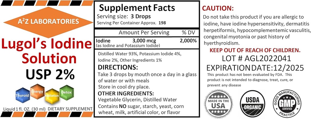 2 x 1 OZ Pack A2Z Orgaaniline Lugol jood ja kaaliumjodiid 2% Lahus 3000 mcg - Vedel täiendustilgad kilpnäärme toetamiseks naistele ja meestele, ainevahetus Tervis, Detox Boost - 2 x 1 Fl Oz / USA