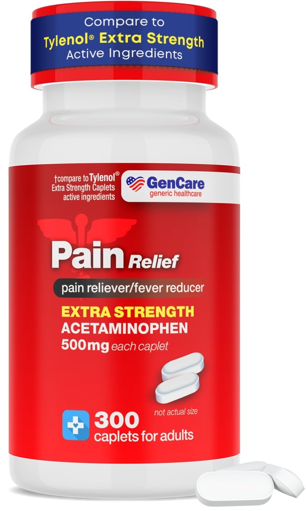 GenCare - Acetaminophen 500mg Extra Tugevusvalu Relief (300 Caplets) - Multi Sümptom Valu Reliever peavalu, Siinus, Artriit, seljavalu Lihasvalu, Hambavalu, Palaviku Vähendaja, Migreen